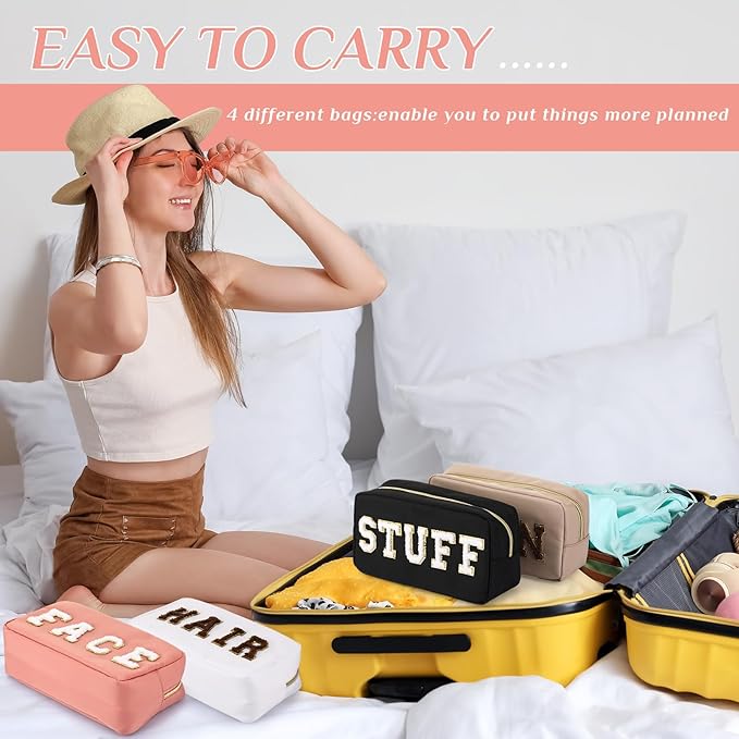 Remerry 4 PCS Nylon Cosmetic Bags Waterproof Spacious Travel Makeup Organizer for Women Chenille Letter Preppy Zipper Pouch Face Stuff Skin Hair Organizer Gift(Black, Nude Pink, White, Coffee)