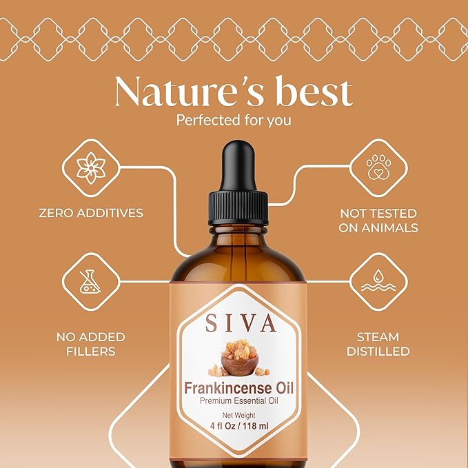 Siva Frankincense Essential Oil - 4 Fl Oz – 100% Natural Boswellia Serrata Oil - for Diffuser, Face, Skin Care, Aromatherapy, Hair Care, Scalp and Body Massage - with Dropper
