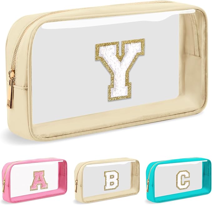 Personalized Initial Letter Clear Makeup Bag,Preppy Small Nylon&PVC Cosmetic Zipper Bag with Chenille Letter,Portable Beach Travel Skincare Toiletry Bag,Trendy Monogram Gift for Teen Girls Women,Y