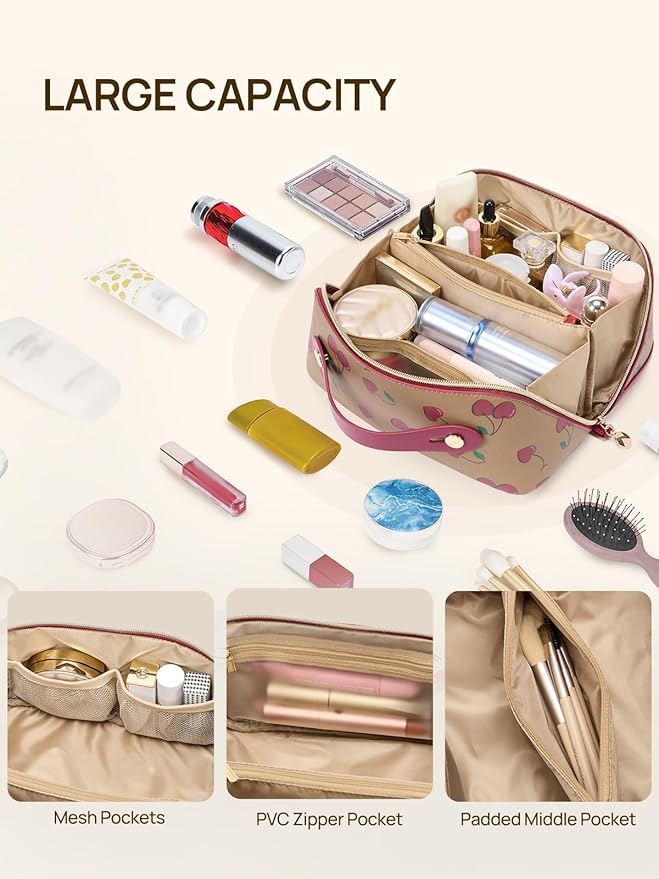Telena Leather Make Up Bag Portable Travel Makeup Bag Waterproof Cosmetic Bags for Women Large Capacity With Handle and Divider Open Flat