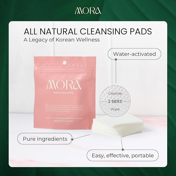 MORA Skincare Water-Activated Cleansing Pads - Alcohol-Free Botanical Makeup Remover - Hand, Body, Face Pads for Women and Men - Portable - Safe for Sensitive Skin - 30 Count