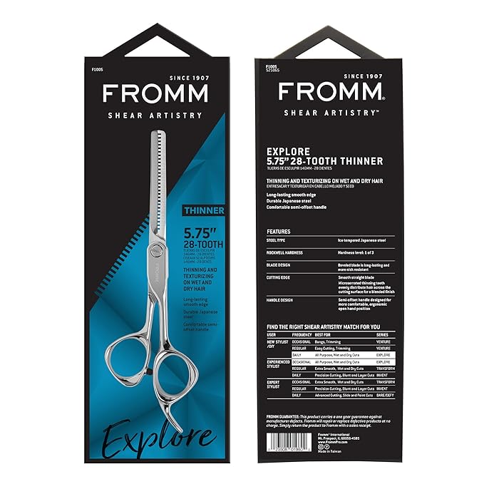 Fromm Professional Explore 5.75" 28 Tooth Thinning Shears Wet and Dry Hair, Polished Silver Japanese Steel Scissors with Smooth Straight Blade and Microserrated Thinning Teeth