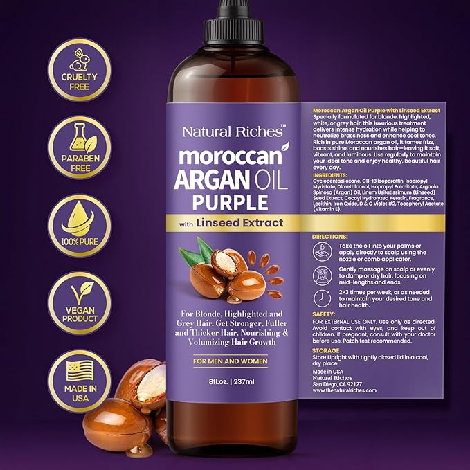 Natural Riches Moroccan Argan Oil Purple, Anti-Brass Hair Treatment with Linseed Extract for Silver Blonde Platinum Hair removes Yellow & Brass tones. Grey Highlighted Hair 8 fl oz