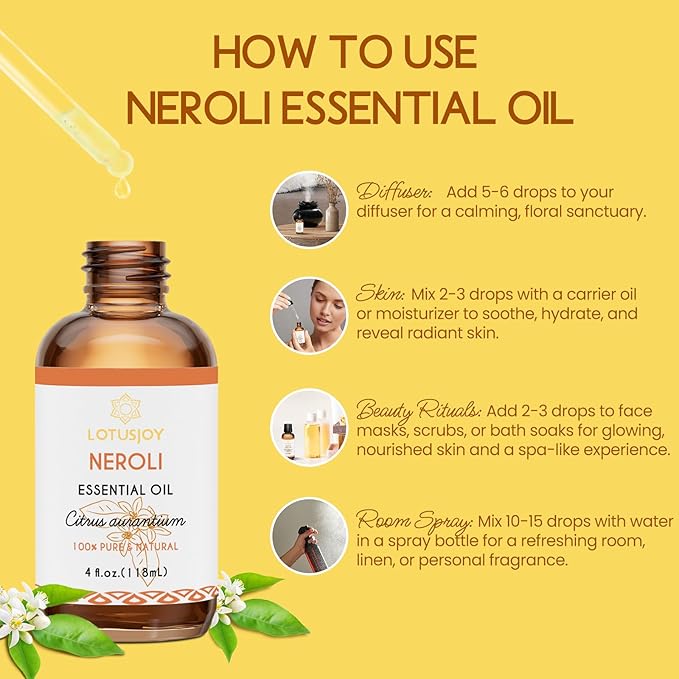 Neroli Essential Oil Organic for Skin Diffuser Room Spray, 100% Pure Bitter Orange Blossom Essential Oil Neroli 4 Oz