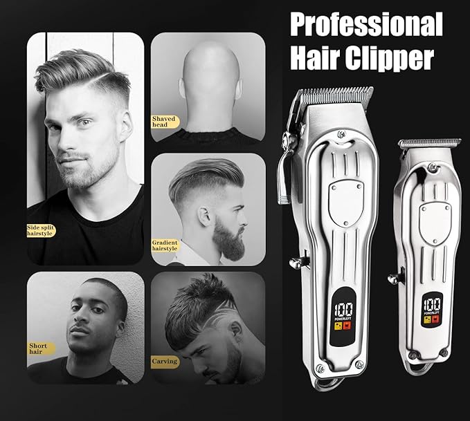 Gegong Professional Hair Clippers for Men, Cordless Hair Trimmer Kit, LCD Display Hair Cutting Set, Wireless Barber Clippers, Rechargeable Haircut Machine for Family (Silver)