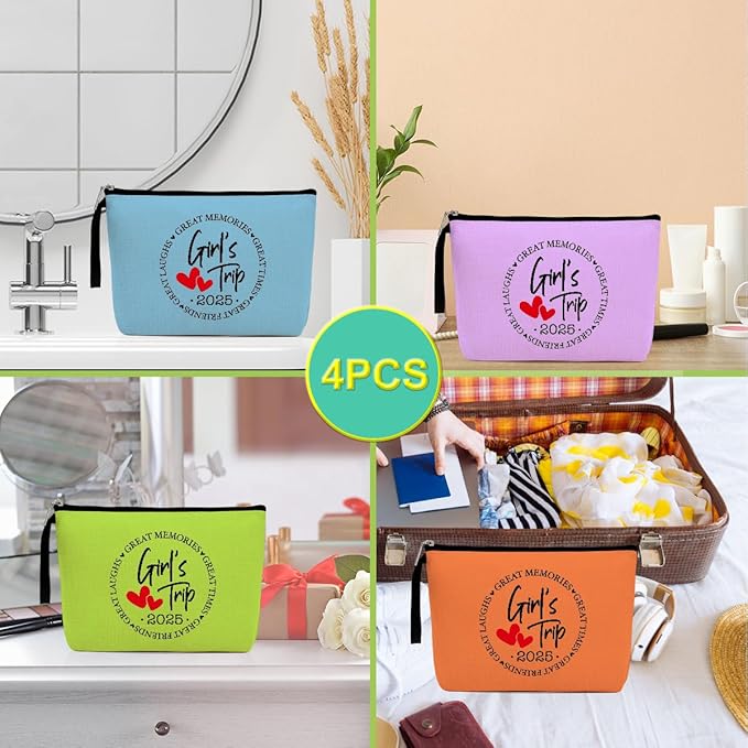 Hanamiya Na 4Pcs Girls Trip Gifts Favors 2025 Weekend Bag Makeup Bag Girls Weekend Friendship Gifts Weekender Bags for Women Sisters Friends Cosmetic Bag Zipper Pouch Wedding Bachelorette Party