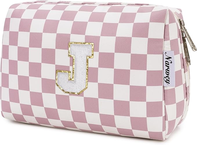 Narwey Birthday Gifts for Teen Girls Kids Women Personalized Initial Checkered Makeup Bag Pink Monogram Cosmetic Bag Trendy Stuff 6 8 10 11 12 13 14 16 18 Years Old Travel Toiletry Bag (Dusty Rose J)