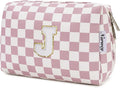 Narwey Birthday Gifts for Teen Girls Kids Women Personalized Initial Checkered Makeup Bag Pink Monogram Cosmetic Bag Trendy Stuff 6 8 10 11 12 13 14 16 18 Years Old Travel Toiletry Bag (Dusty Rose J)