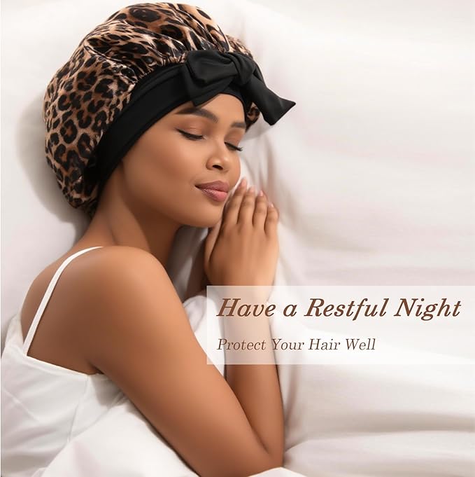 Satin Hair Bonnet for Sleeping Women, Double Layer Silk Bonnets for Women with Tie Band, for Braids Curly Long Hair
