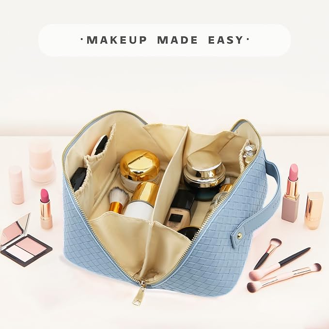 Travel Makeup Bag – Large Cosmetic Organizer with Waterproof PU Leather, Smooth Double Zipper & Tear-Resistant Lining, Toiletry Pouch for Women (Ice)