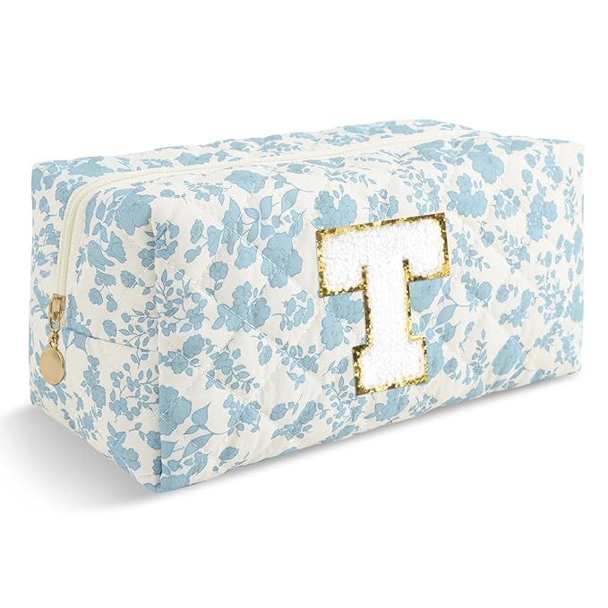 Personalized Quilted Cosmetic Bag, Puffy Monogrammed Christmas Birthday Gifts for Women & Girls, Cute initial Floral Makeup Bag Puffer Coquette Bag, Aesthetic Travel Toiletry Zipper Pouch(Blue,T)
