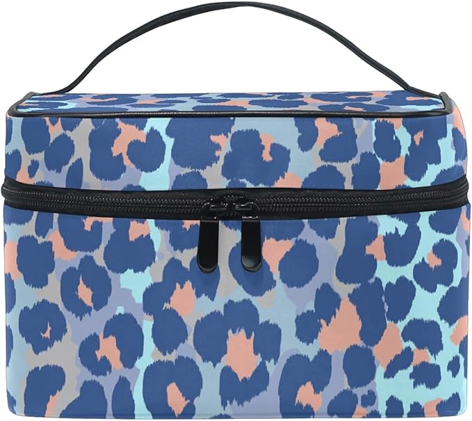 Makeup Bag, Bule Leopard Print Travel Makeup Organizer Bag Cosmetic Cases Toiletry Bags for Girl Women Ladies