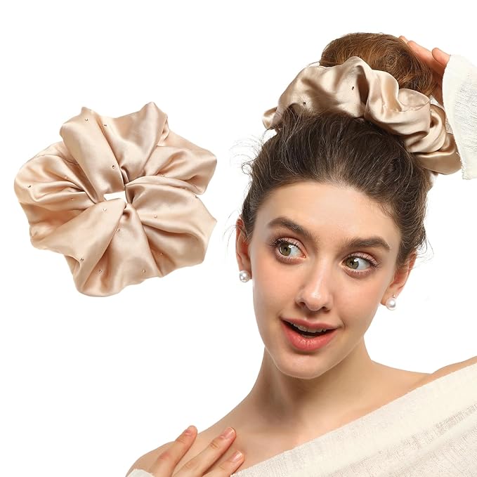 100% Mulberry Silk Scrunchies for Women Ponytail Holders – Plus Rhinestone-Embellished Design for Curly, No Damage Hair Ties for Curly, Thick, and Thin - Hair Accessories for Women (Champagne)