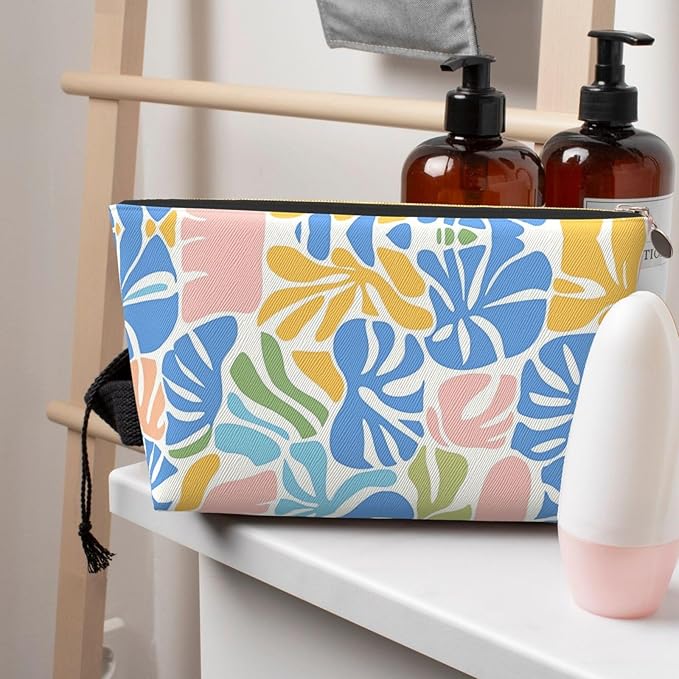 Womens Leather Makeup Bag Cosmetic Bag Travel Toiletry Bags Make Up Bags for Women Adult (Boho-Coral 1)