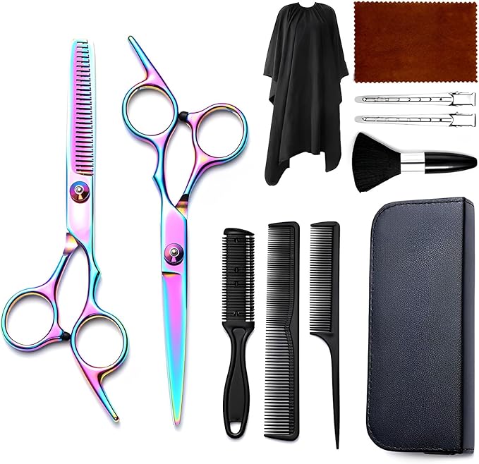 Hair Cutting Scissors Kit 11PCS, Professional Haircut Scissors with Japanese Stainless Steel Shears, Thinning Shears, Haircut Accessories in Leather Case for Salon/Home (Rainbow)