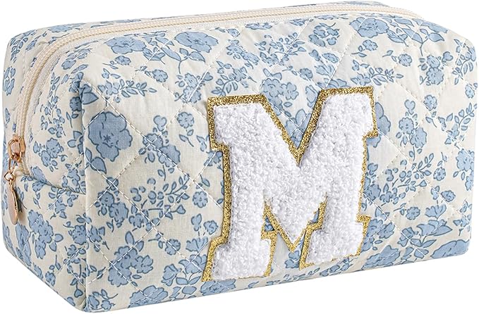 Gleyemor Personalized Initial Makeup Bag for Women, Cute Quilted Blue Floral Cotton Cosmetic Bag, Christmas Gifts for Her Mom Friend Sister Bridesmaid Teacher Women M