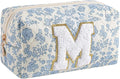 Gleyemor Personalized Initial Makeup Bag for Women, Cute Quilted Blue Floral Cotton Cosmetic Bag, Christmas Gifts for Her Mom Friend Sister Bridesmaid Teacher Women M