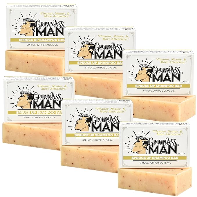 Grown Ass Man Co. - Solid Shampoo Bar Rich Lather 3 in 1: Hair, Beard & Body Wash - Plastic Free & Eco-Friendly, Natural & Organic for All Hair Types, 4oz Bar (Spruce Up, 6-Pack)