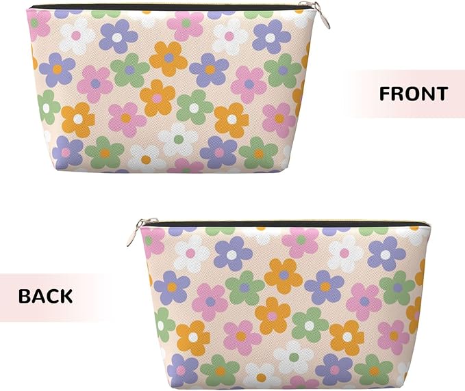 Cute Flowers Floral Small Makeup Bag for Women - Leather Travel Cosmetic Bag Make Up Pouch Mini Travel Zipper Pouch - Makeup Organizer Bag