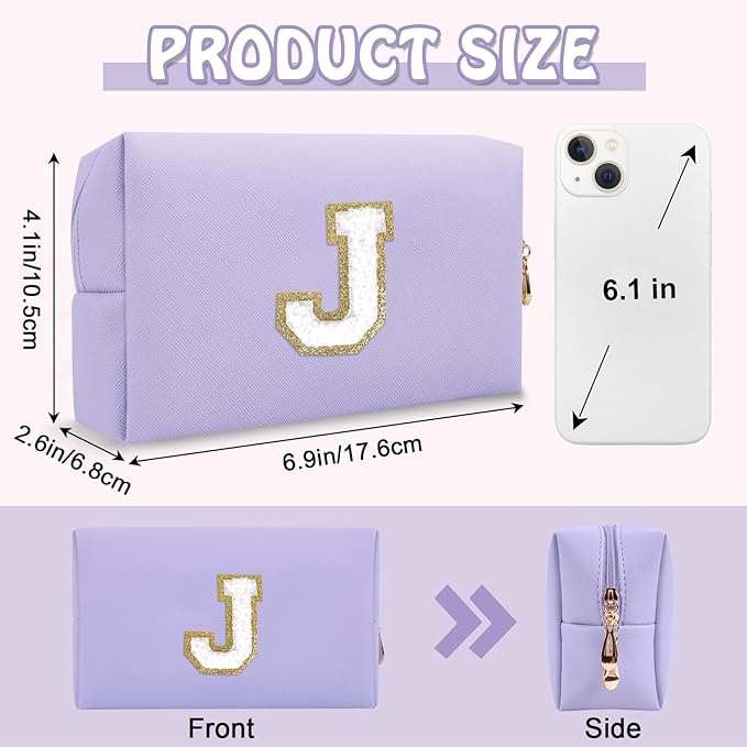 Personalized Preppy Small Travel Makeup Bag, Initial Purple Cute Chenille Letter Makeup Bag Cosmetic Zipper Pouch Toiletry Organizer,Waterproof PU Makeup Case Storage Preppy Stuff for Female(Letter J)