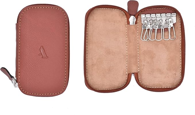 Full Grain Genuine Leather Keychain Holder Pouch with 6 Key Holders Hook