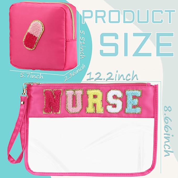 2 Pcs Nurse Gift Clear Makeup Bag Chenille Letter Patch Cosmetic Bag Zipper Pouch Nurse Survival Kit Travel Bag for Toiletries Waterproof Portable Travel Organizer Case for Women Girls