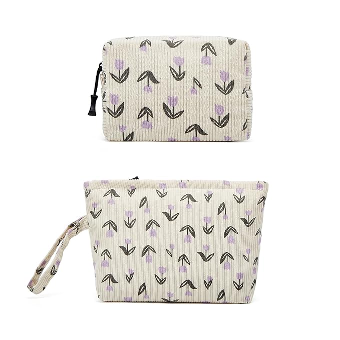 Makeup bag set small Cosmetic bag for women purse Corduroy Organizer with interior Pockets,cute Pencil zipper Pouch travel Toiletry Bag with handle(Tulip Purple)