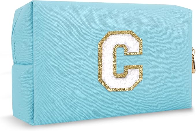 Personalized Initial Preppy Makeup Bag, Small Blue Cute Toiletry Pouch Monogram Cosmetic Travel Organizer with Zipper, PU Waterproof Glitter Make Up Case Gifts for Female Coworker Friends(Letter C)