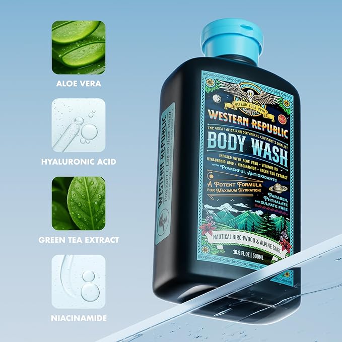 Men's Body Wash | Nautical Birchwood & Alpine Sage and Aviator's Eucalyptus & Fresh Citrus | Hydrating & Anti-Aging Formula with Aloe, Niacinamide & Hyaluronic Acid (2 Pack) | Made in USA