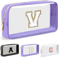 Personalized Initial Letter Clear Makeup Bag,Preppy Small Nylon&PVC Cosmetic Zipper Bag with Chenille Letter,Travel Skincare Toiletry Bag,Monogram Christmas Gift for Teen Girls Women,V