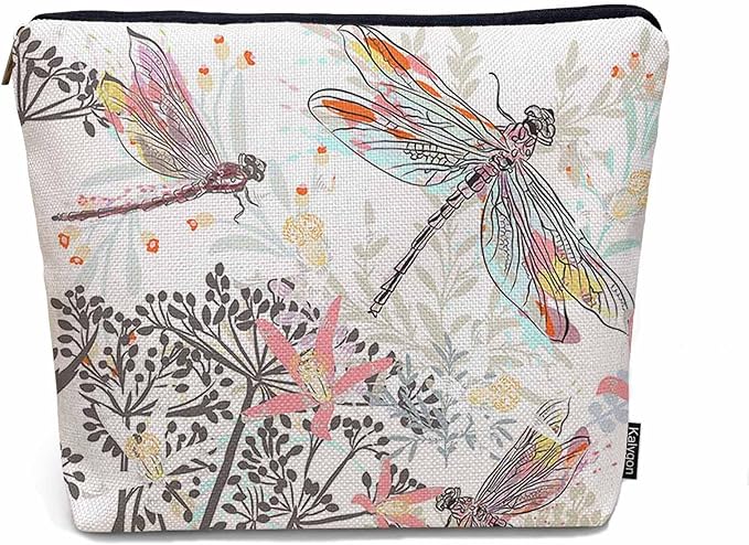 Makeup Bag For Purse Dragonfly, Garden Dragonflies Flowers Nature Cosmetic Bags For Women With Zipper Travel Toiletry Pouch Makeup Bags Makeup Organizers Purse For Toiletries Cosmetics
