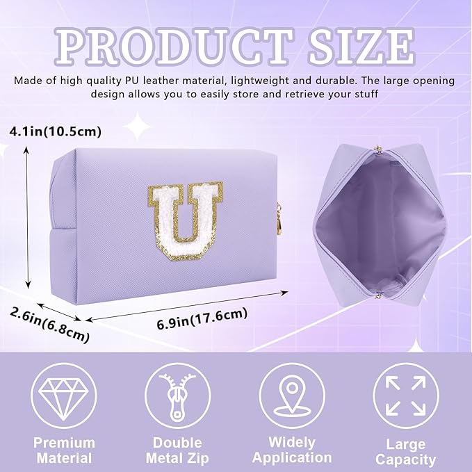 Personalized Initial Letter Patch Makeup Bag, Preppy Small Chenille Letter Cosmetic Bag with Zipper, PU Leather Waterproof Travel Toiletry Bag Monogram Make Up Pouch for Women Girls(Letter U)