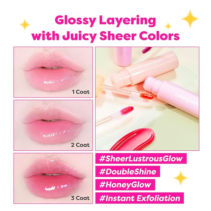 COLORGRAM FRUITY GLASS GLOSS 02 CHEWY TANGERINE | Non-Sticky Glossy Lip Tint with Glass-Like Shine | Long-Lasting Hydrating Lip Gloss for Smooth & Plump Lips