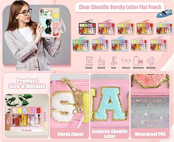 4 Piece Clear Snack Bag for Travel, Chenille Letter Zipper Pouch, Nylon Cosmetic & Makeup Bag, Waterproof Reusable Organizer for Snacks, Toiletries, School, Vacation, Glitter Patch Design