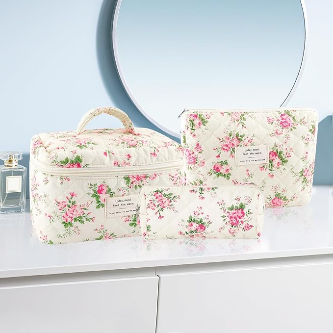 3Pcs Cotton Quilted Makeup Bag for Women Girls Large Small Travel Pink Floral Cosmetic Bags Set Cute Coquette Makeup Pouch for Purse Aesthetic Cloth Flower Storage Toiletry Bag Organizer
