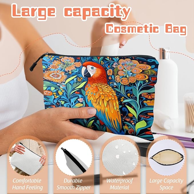 Cosmetic Bags Travel Makeup Toilet Case Waterproof Pouch for Women Girls 6.7X9.45inches - Colorful Macaw Stands on Branch