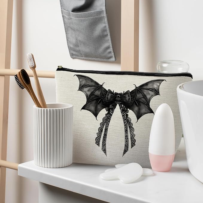 Halloween Coquette Lace Bow Bat Cosmetic Bag - Gothic Black, Girly Makeup Pouch