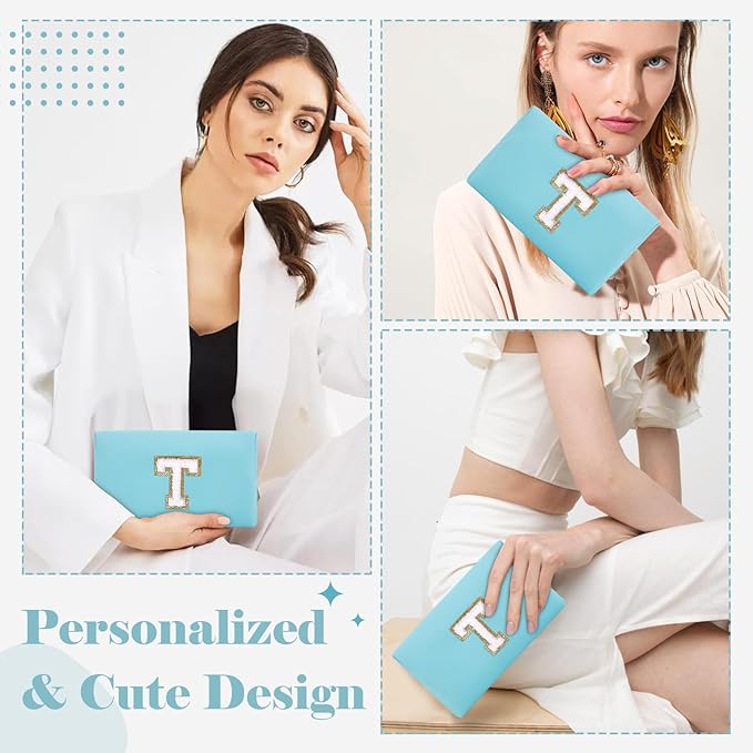 Small Personalized Initial A-Z Preppy Patch Makeup Bag,PU Chenille Letter Travel Cosmetic Pouch with Zipper,Blue Cute Toiletry Bag,Gift Ideal for Teen Girls Women Teacher Bridesmaid,Letter T