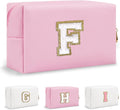 Small Initial Preppy Makeup Bag, Personalized Travel Cosmetic Organizer Chenille Letter Pink Toiletry Zipper Pouch, Portable Waterproof Make Up Case Friendship Gifts for Families Friends(Letter F)