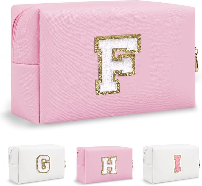 Small Initial Preppy Makeup Bag, Personalized Travel Cosmetic Organizer Chenille Letter Pink Toiletry Zipper Pouch, Portable Waterproof Make Up Case Friendship Gifts for Families Friends(Letter F)