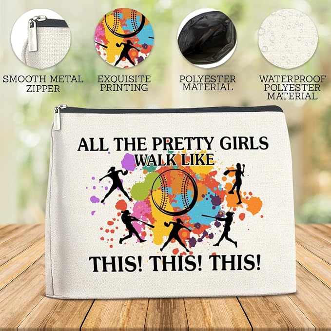 Softball Gifts Makeup Bag, Cool Gifts for Women Her Girl Christmas Friendship Gift for Softball Lovers Team Players BFF Besties Cosmetic Travel Bag Pouch for Purse