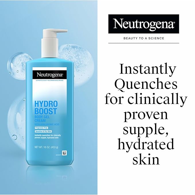 Neutrogena Hydro Boost Body Moisturizing Gel Cream with Hyaluronic Acid, Non-Greasy & Fast Absorbing, Lightweight Hydrating Body Lotion for Normal to Dry Skin, Fragrance-Free, 16 oz
