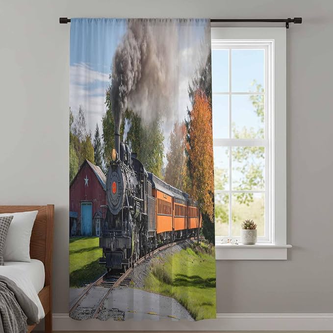 Steam Train Sheer Curtains 108 Inch Length Railroad Country Barn Rustic Trees - Image 4