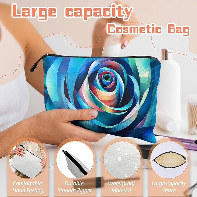 Cosmetic Bags Travel Makeup Toilet Case Waterproof Pouch for Women Girls 6.7X9.45inches - Blue - Toned Abstract Rose - Like Spiral