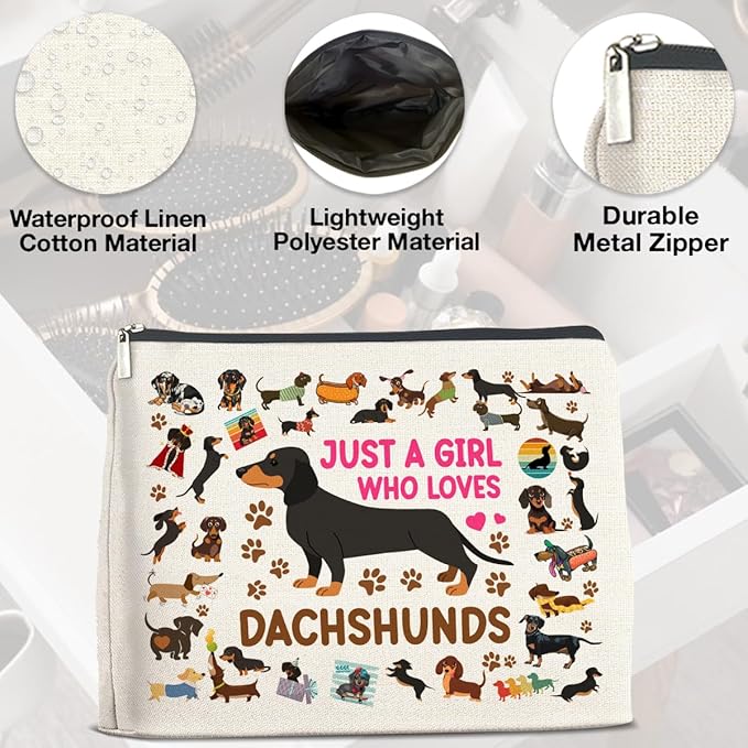 Dachshund Gifts Makeup Bag Weiner Dog Gifts for Girl Women Dog Lovers Cosmetic Bag Just a Girl Who Loves Dachshund Zipper Makeup Pouch Gift