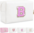 Personalized Initial Letter Makeup Bag, Preppy Glitter Letter Patch Cosmetic Pouch Zipper,PU Waterproof Travel Toiletry Bag Cute Makeup Organizer Monogrammed Make Up Bag,Gift for Women Girls(Letter B)