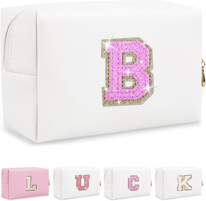 Personalized Initial Letter Makeup Bag, Preppy Glitter Letter Patch Cosmetic Pouch Zipper,PU Waterproof Travel Toiletry Bag Cute Makeup Organizer Monogrammed Make Up Bag,Gift for Women Girls(Letter B)