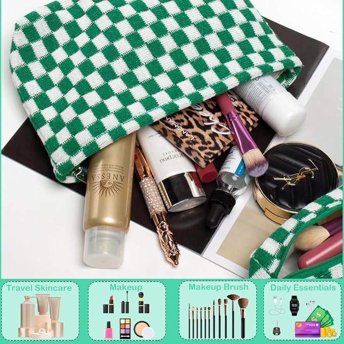 2 Pieces Makeup Bag Set, Small Checkered Cosmetic Bag Travel Toiletry Organizer Mini Green Cosmetic Pouch Case Makeup Brushes Quilted Aesthetic Accessories Storage Bag for Women (Large+Mini Green)