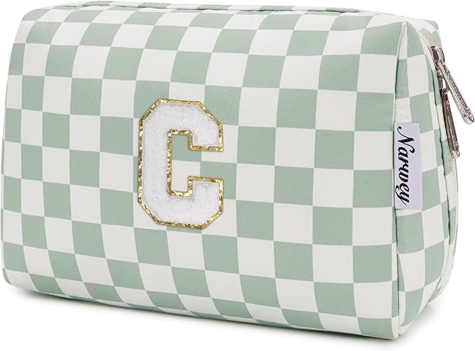 Narwey Birthday Gifts for Teen Girls Women Personalized Initial Checkered Makeup Bag Preppy Cosmetic Bag Trendy Stuff 6 8 10 11 12 13 14 16 18 Years Old Travel Toiletry Bag (Green Letter C)