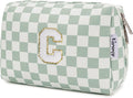 Narwey Birthday Gifts for Teen Girls Women Personalized Initial Checkered Makeup Bag Preppy Cosmetic Bag Trendy Stuff 6 8 10 11 12 13 14 16 18 Years Old Travel Toiletry Bag (Green Letter C)